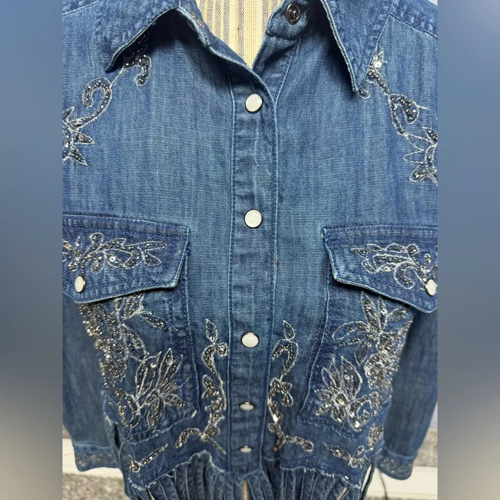 NWT Pilcro Denim Silver embellished Collar Button Down fringe bottom Shirt XXS - Picture 8 of 16